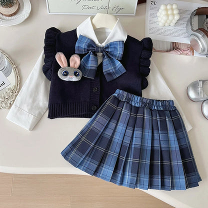 Cardigan, Shirt & Plaid Skirt Set