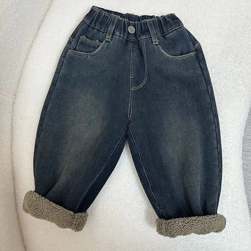 Warm Lined Denim Jeans Pants with Elastic Waist & Mickey Pocket