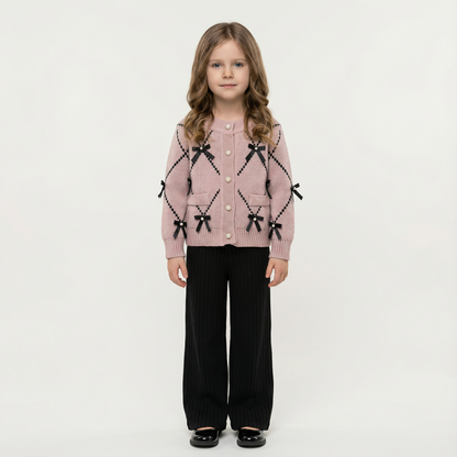 Cardigan With Black Bow Patterns And Black Pants Set