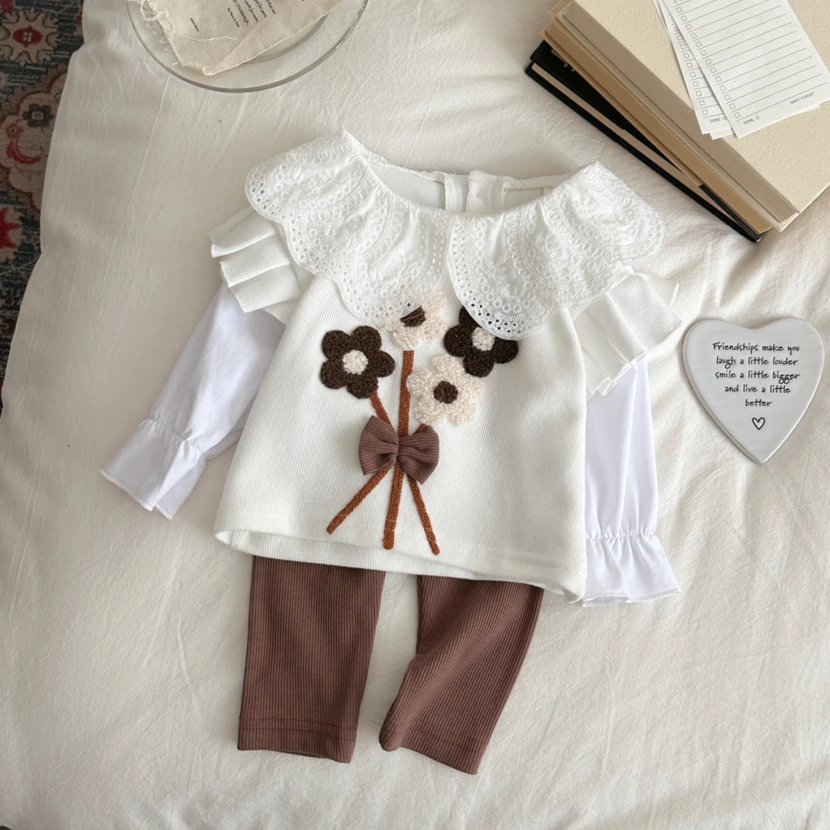 Cotton Bouquet Embroidery Sweatshirt & Elastic Pants Set
