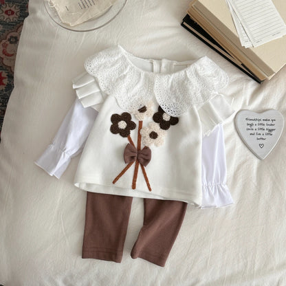 Cotton Bouquet Embroidery Sweatshirt & Elastic Pants Set