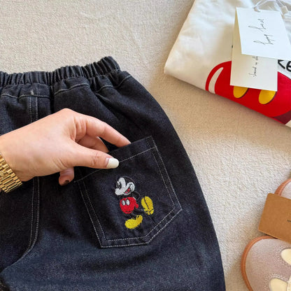 Warm Denim Jeans Pants with Elastic Waist & Embroidered Mickey Pocket