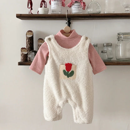 Children’s Soft Plush Romper with Long-Sleeve Top Overalls Set