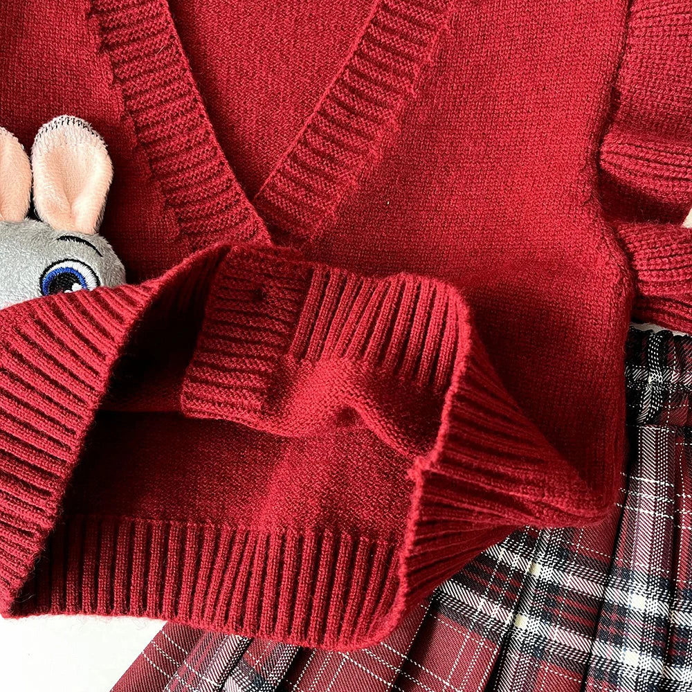 Cardigan, Shirt & Plaid Skirt Set