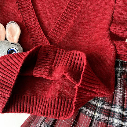 Cardigan, Shirt & Plaid Skirt Set