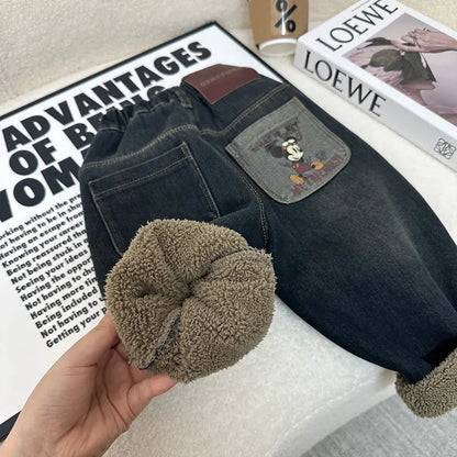 Warm Lined Denim Jeans Pants with Elastic Waist & Mickey Pocket
