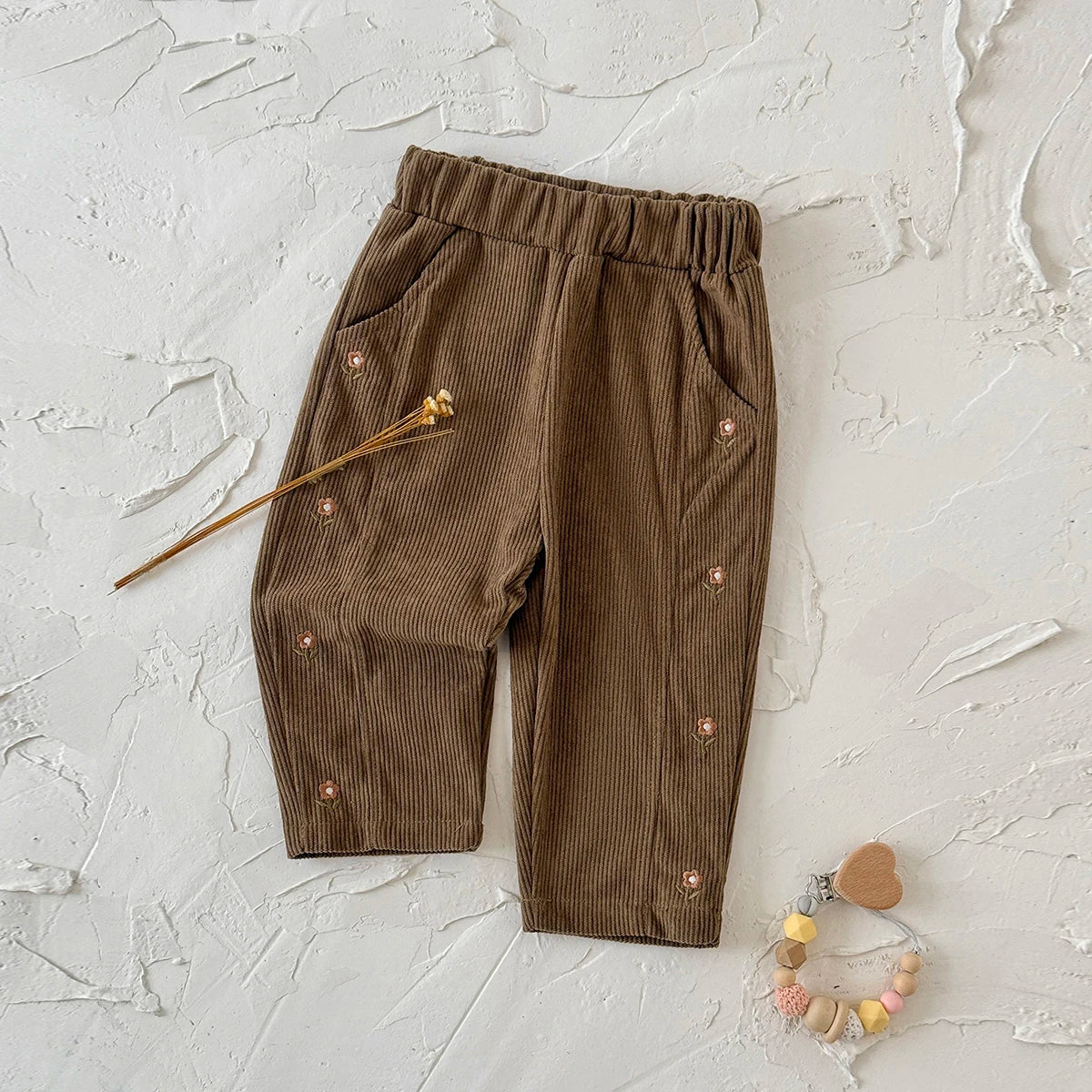 Loose Floral Embroidered Corduroy Pants