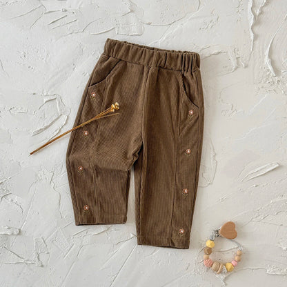 Loose Floral Embroidered Corduroy Pants