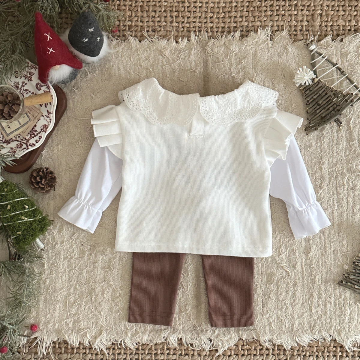 Cotton Bouquet Embroidery Sweatshirt & Elastic Pants Set