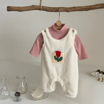 Children’s Soft Plush Romper with Long-Sleeve Top Overalls Set