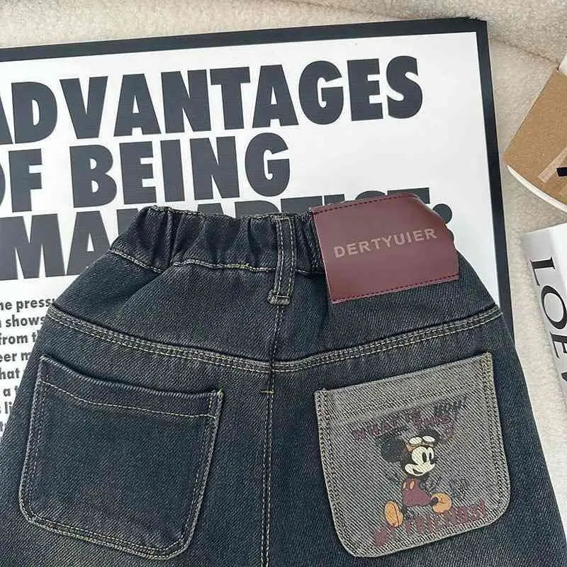 Warm Lined Denim Jeans Pants with Elastic Waist & Mickey Pocket