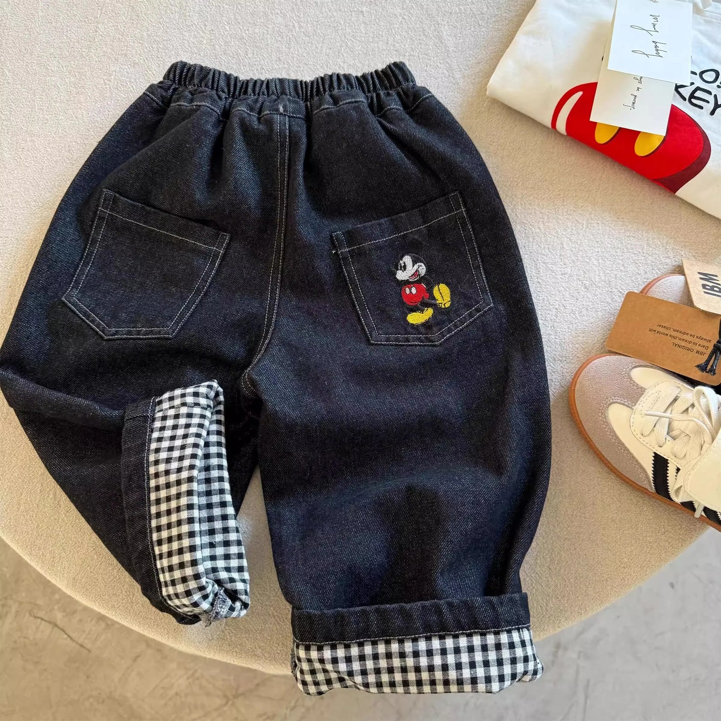 Warm Denim Jeans Pants with Elastic Waist & Embroidered Mickey Pocket