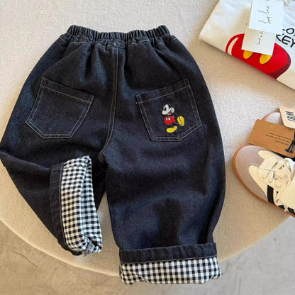 Warm Denim Jeans Pants with Elastic Waist & Embroidered Mickey Pocket
