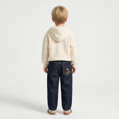Warm Denim Jeans Pants with Elastic Waist & Embroidered Mickey Pocket