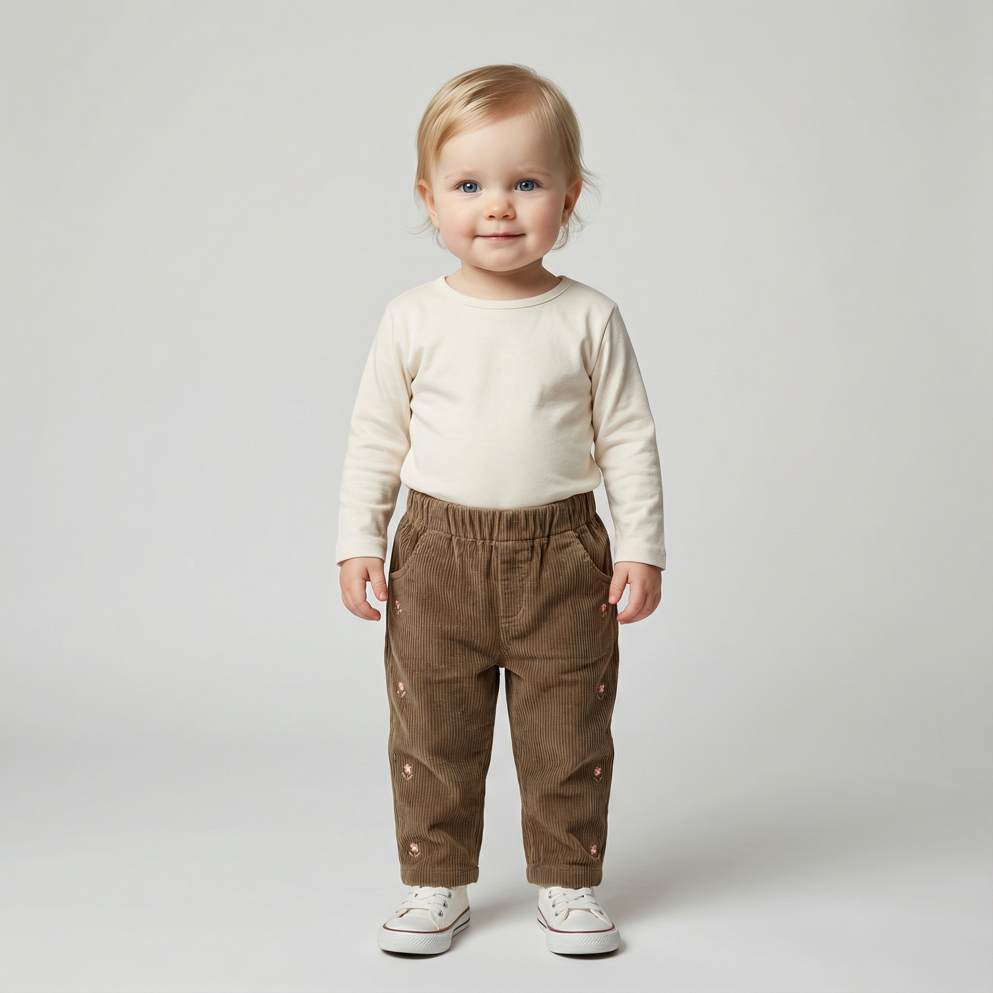 Loose Floral Embroidered Corduroy Pants