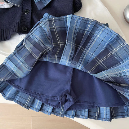 Cardigan, Shirt & Plaid Skirt Set