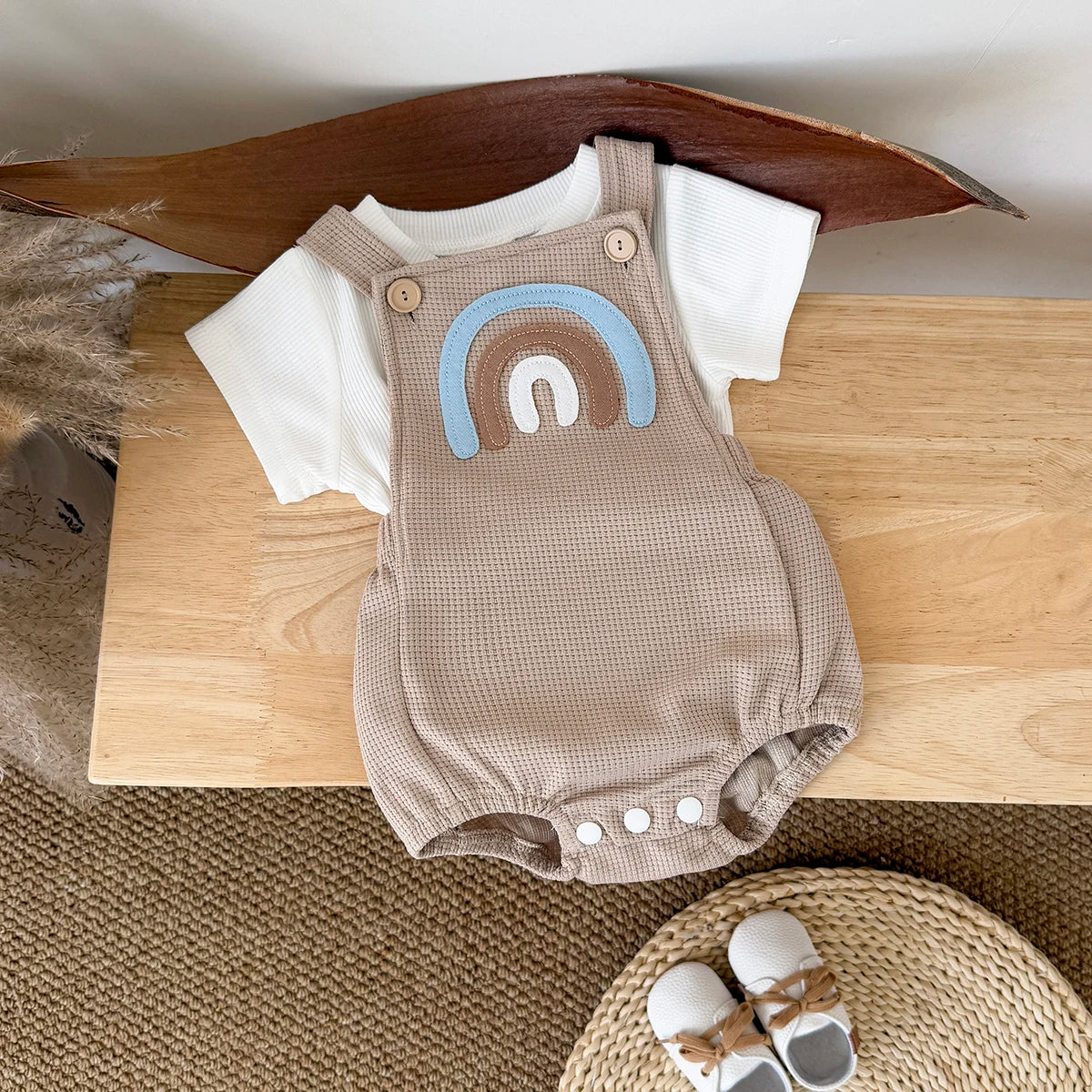 Rainbow Patchwork Overalls & T-Shirt 2-Piece Set