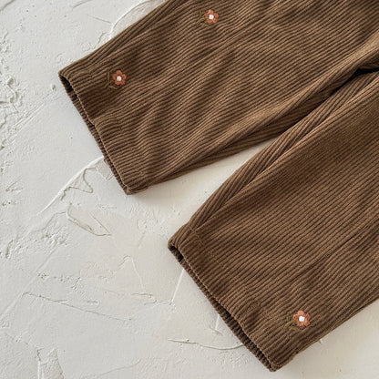 Loose Floral Embroidered Corduroy Pants
