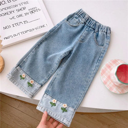 Cute Embroidered Flowers Wide Leg Jeans Pants