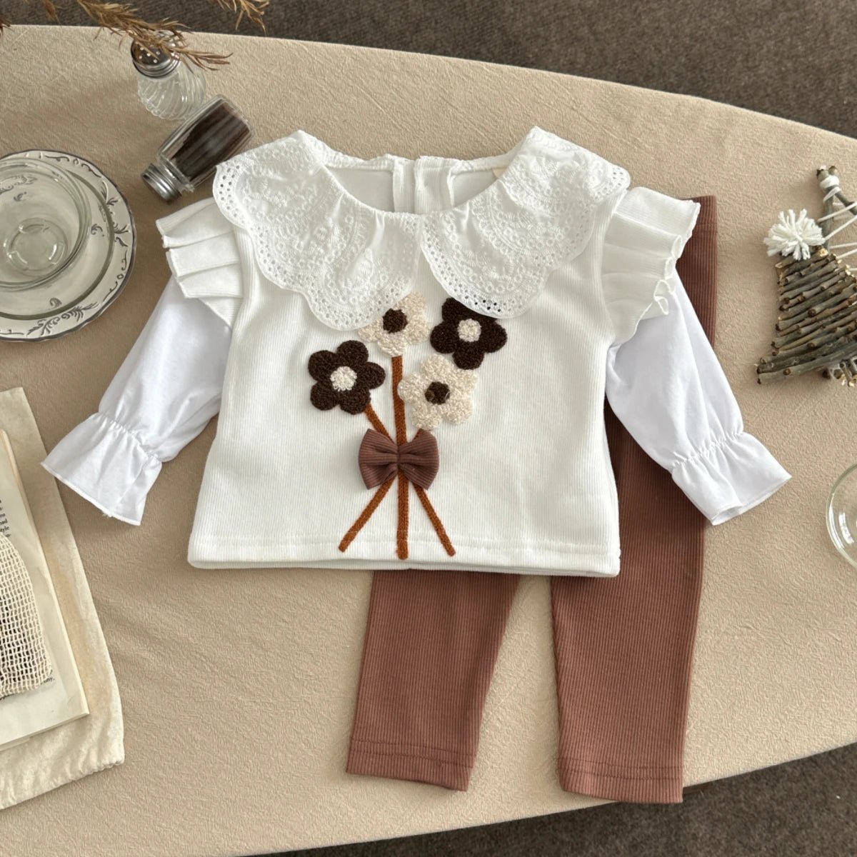 Children's Cotton Bouquet Embroidery Sweatshirt & Elastic Pants Set - Ewapi