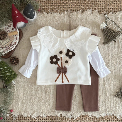 Children's Cotton Bouquet Embroidery Sweatshirt & Elastic Pants Set - Ewapi
