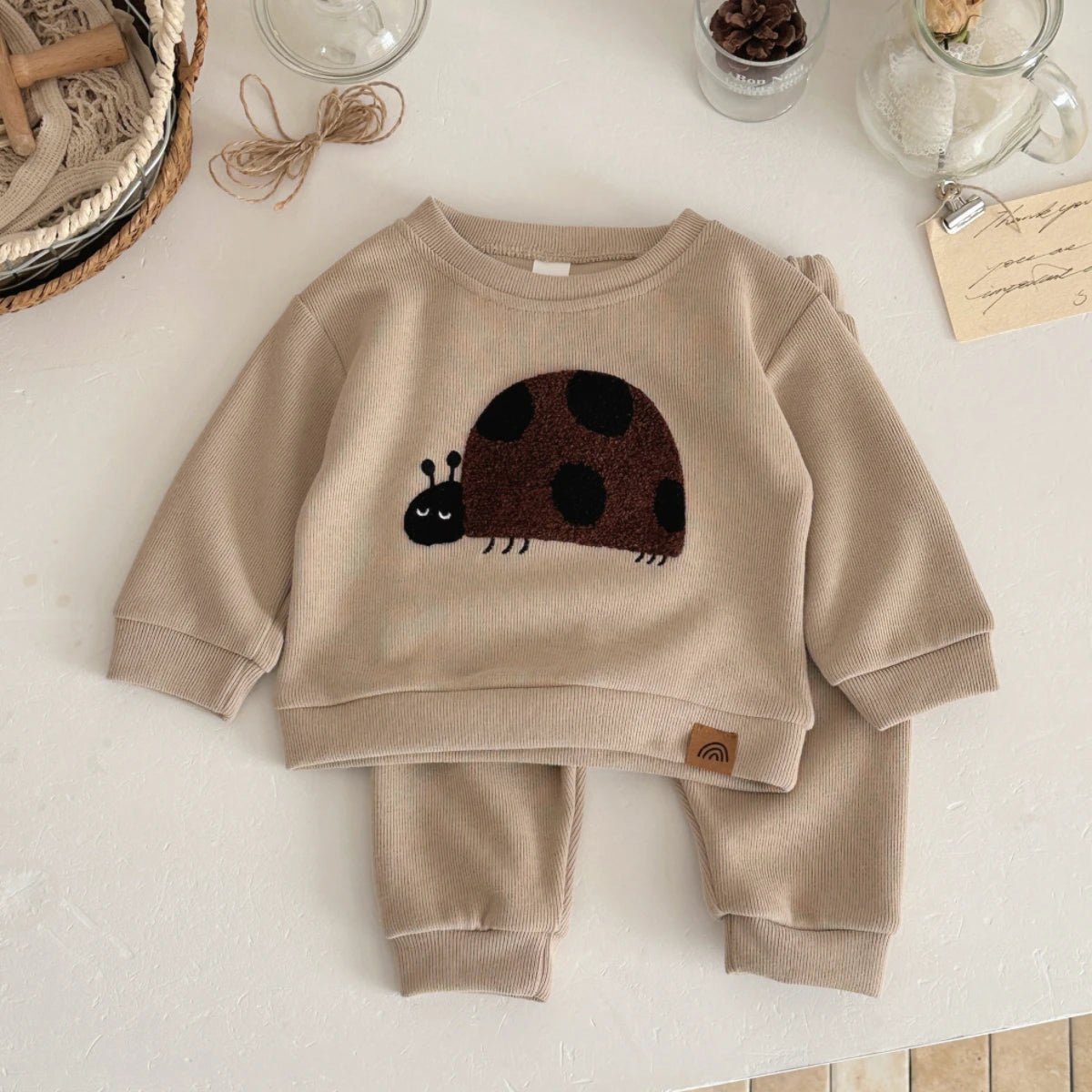 Children's Cotton Ladybug Patchwork O - neck Sweatshirt & Elastic Pants Set - Ewapi