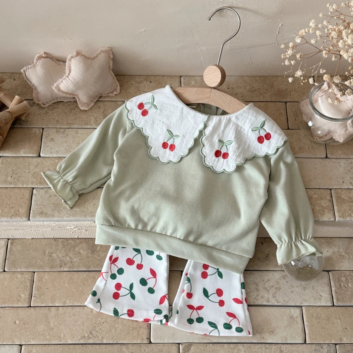 Children's Cotton Lapel Cherry Sweatshirt & Elastic Pants Set - Ewapi