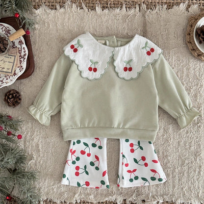 Children's Cotton Lapel Cherry Sweatshirt & Elastic Pants Set - Ewapi