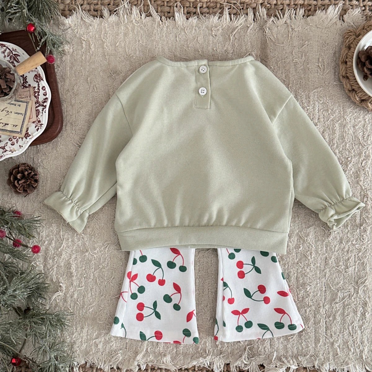 Children's Cotton Lapel Cherry Sweatshirt & Elastic Pants Set - Ewapi