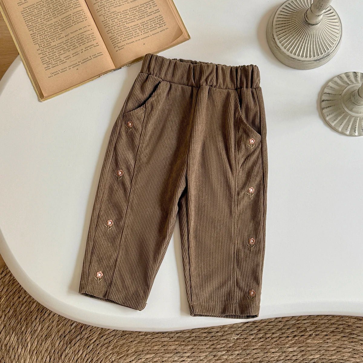 Children's Loose Floral Embroidered Corduroy Pants - Ewapi