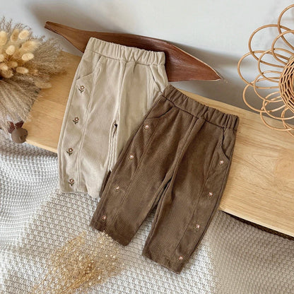 Children's Loose Floral Embroidered Corduroy Pants - Ewapi