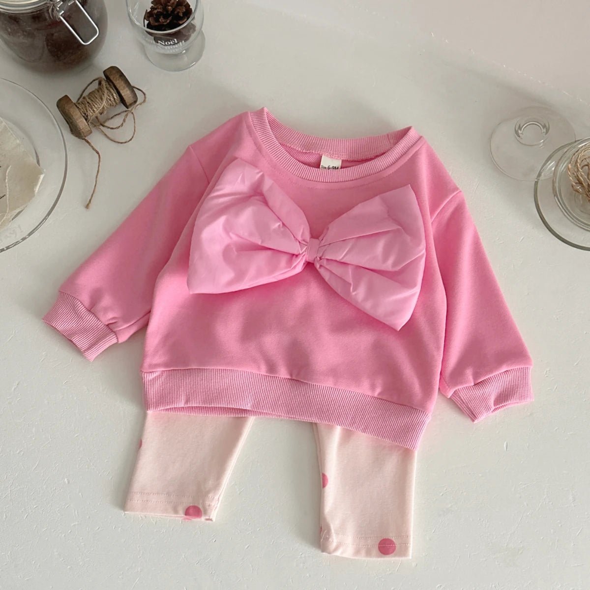 Children's Pink Big Bow Sweatshirt & Elastic Polka Dot Pants Set - Ewapi