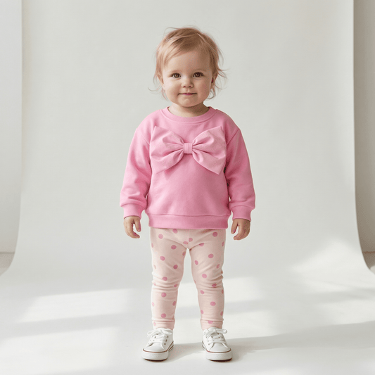 Children's Pink Big Bow Sweatshirt & Elastic Polka Dot Pants Set - Ewapi