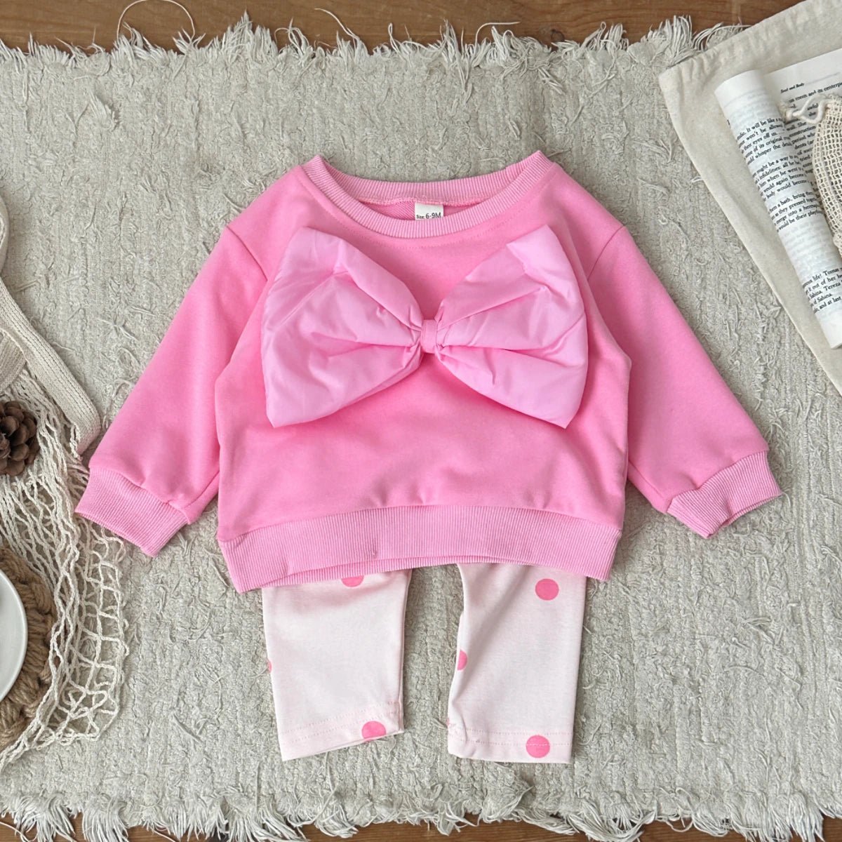 Children's Pink Big Bow Sweatshirt & Elastic Polka Dot Pants Set - Ewapi