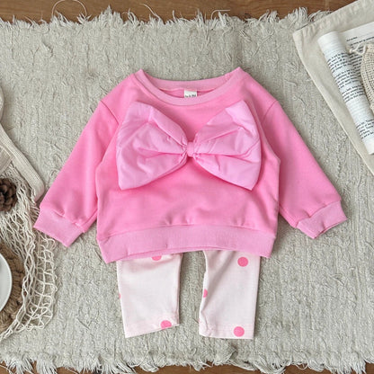 Children's Pink Big Bow Sweatshirt & Elastic Polka Dot Pants Set - Ewapi