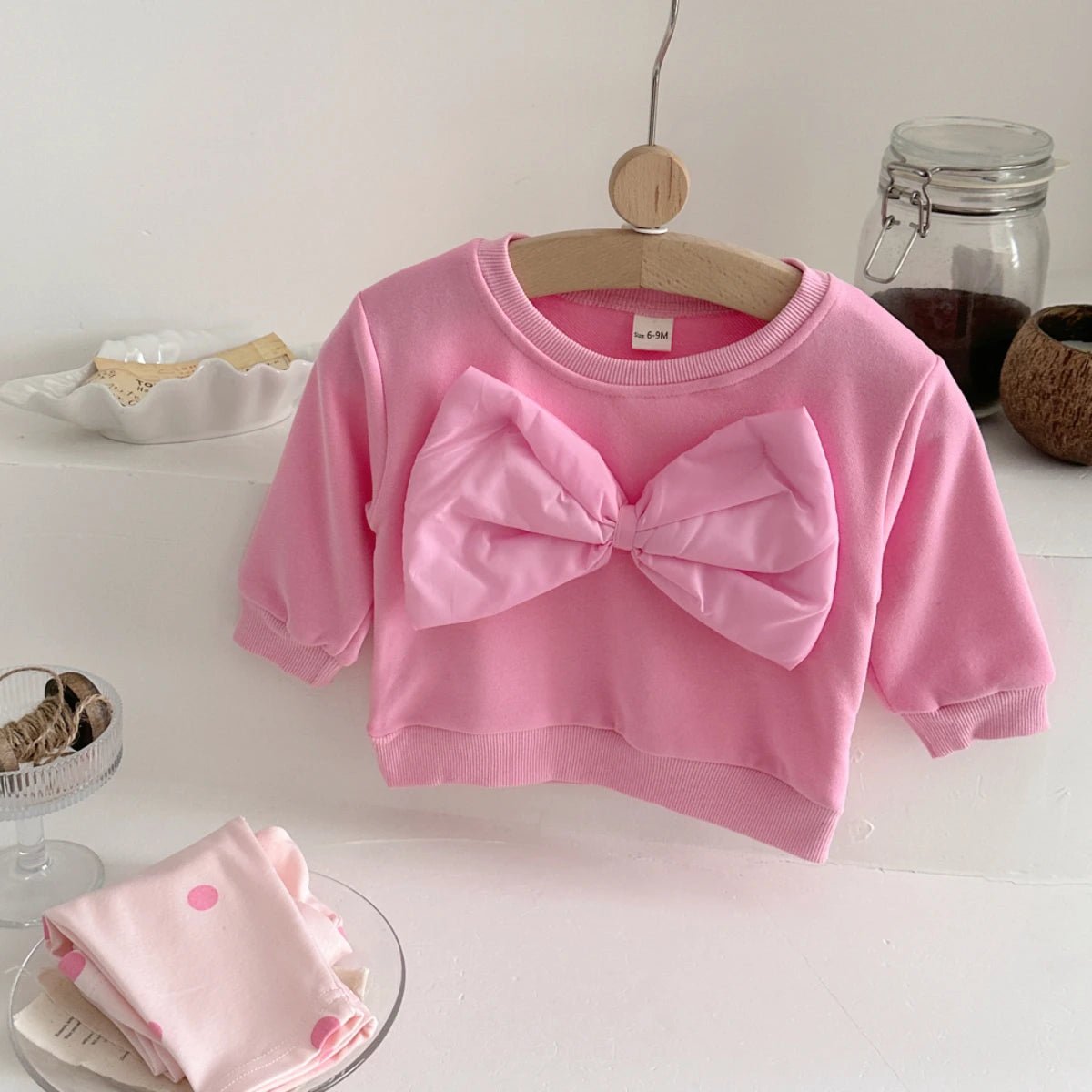 Children's Pink Big Bow Sweatshirt & Elastic Polka Dot Pants Set - Ewapi
